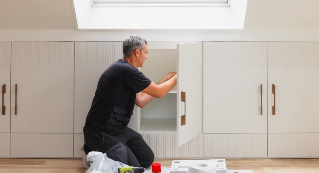 Vincent Trayer posant un agencement sur mesure sous comble